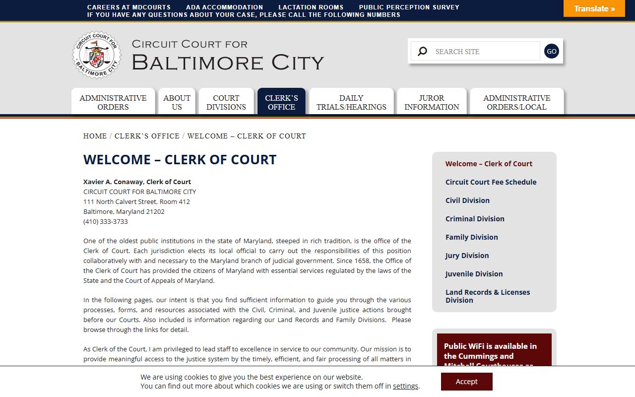 Baltimore City Circuit Court clerk welcome page for dissolution of marriage records