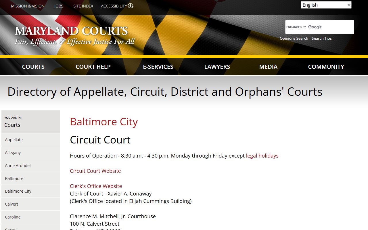 Maryland courts directory page for Baltimore City dissolution of marriage filings