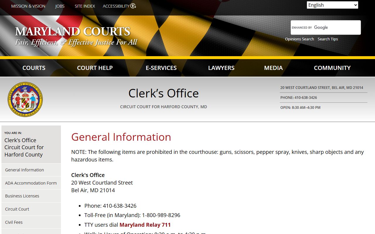 Harford County Circuit Court clerk page for Bel Air South dissolution of marriage records