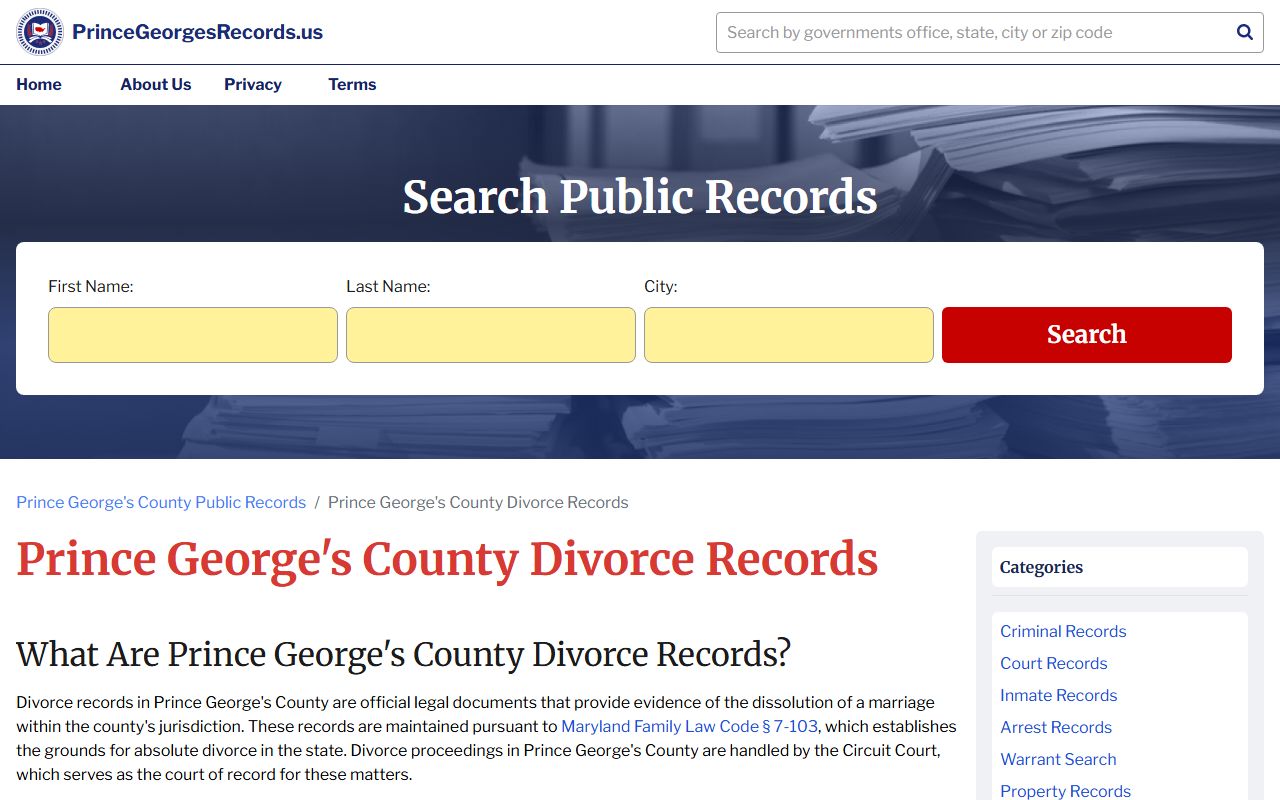 Prince George's County divorce records page for Bowie dissolution of marriage