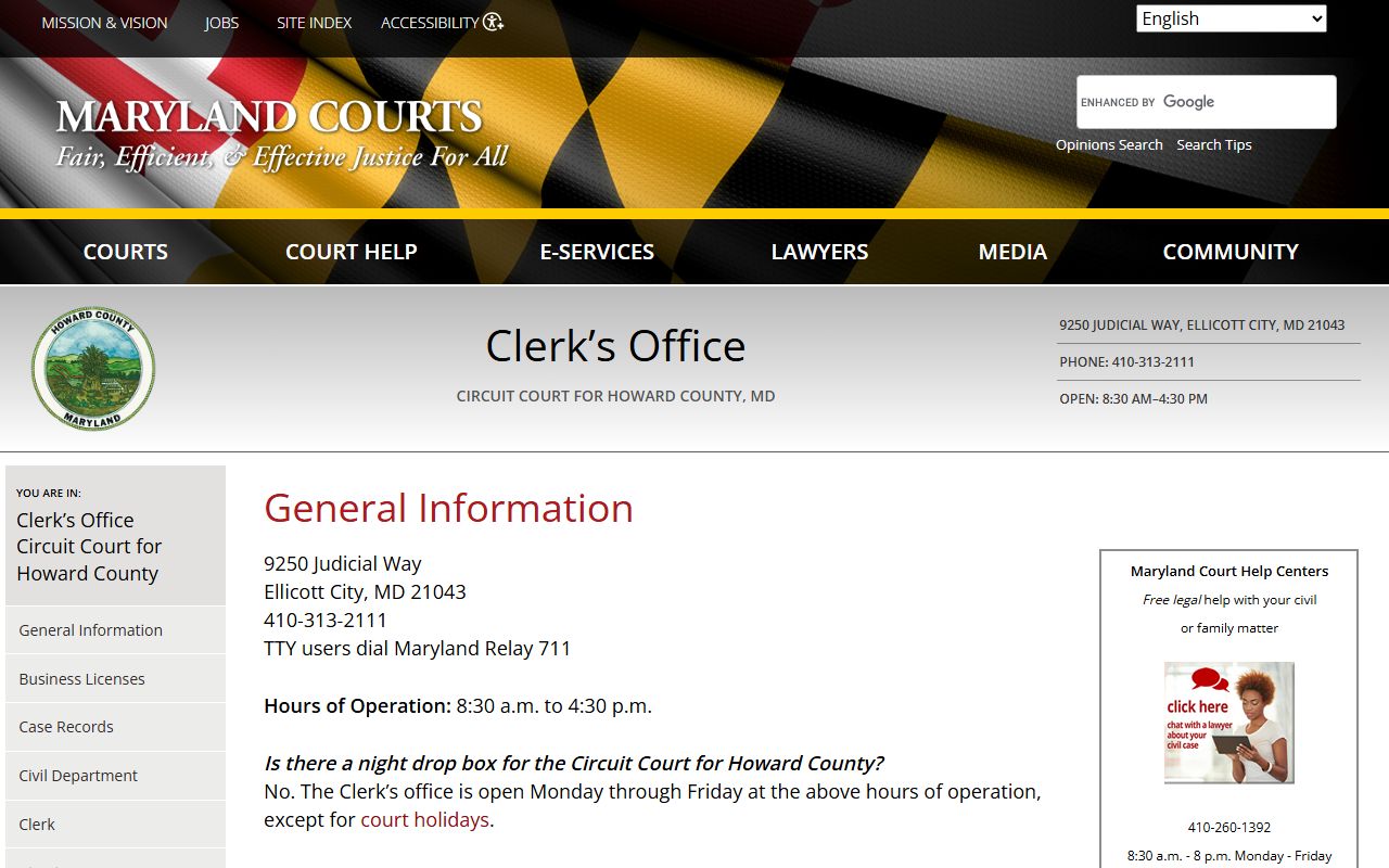 Maryland Courts clerk page for Howard County Ellicott City dissolution of marriage