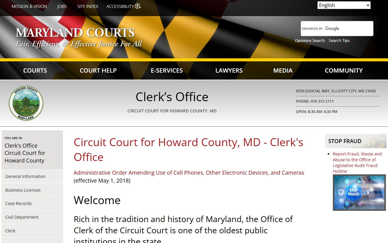 Howard County clerk page for Ellicott City dissolution of marriage records