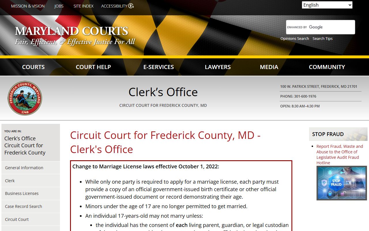 Frederick County Circuit Court clerk information for dissolution of marriage