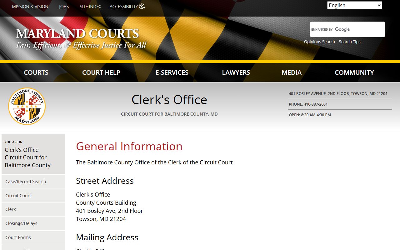 Circuit Court for Baltimore County clerk page for Towson dissolution of marriage records