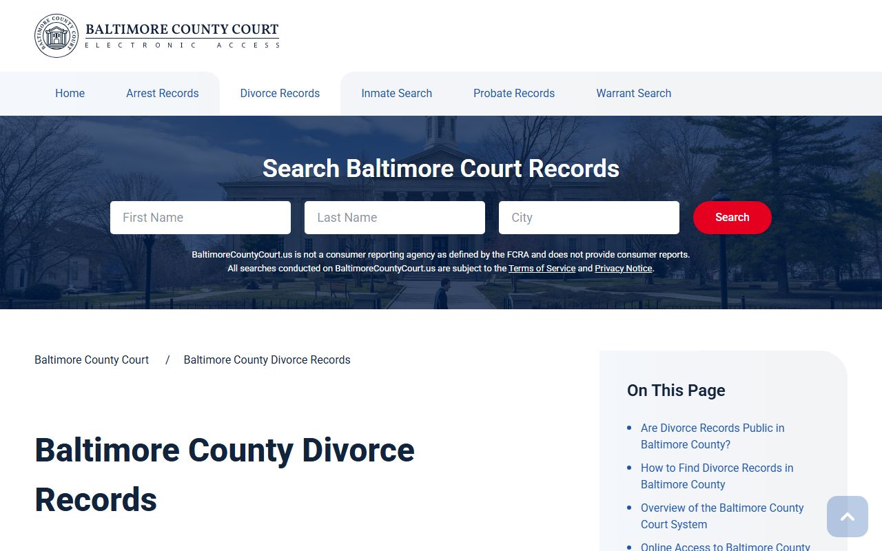 Baltimore County divorce records page covering dissolution of marriage requests in Towson