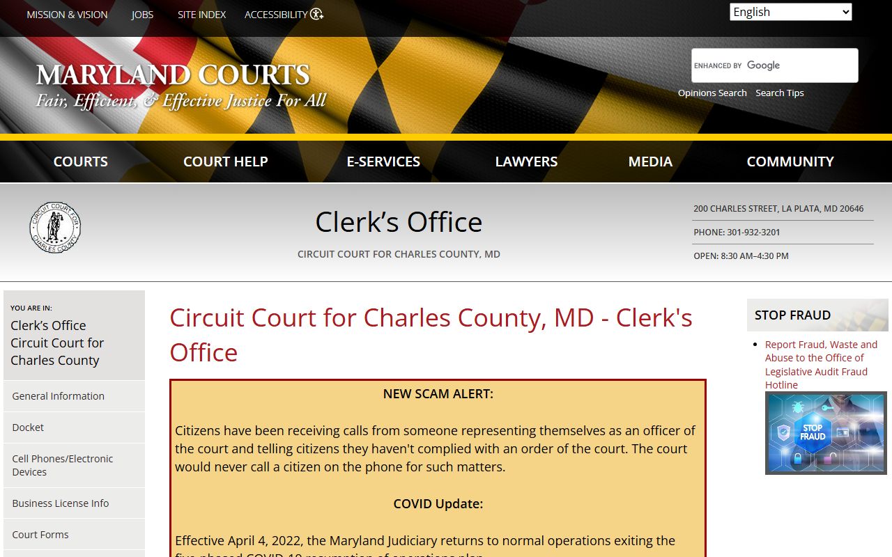 Charles County Circuit Court clerk page for Waldorf dissolution of marriage records