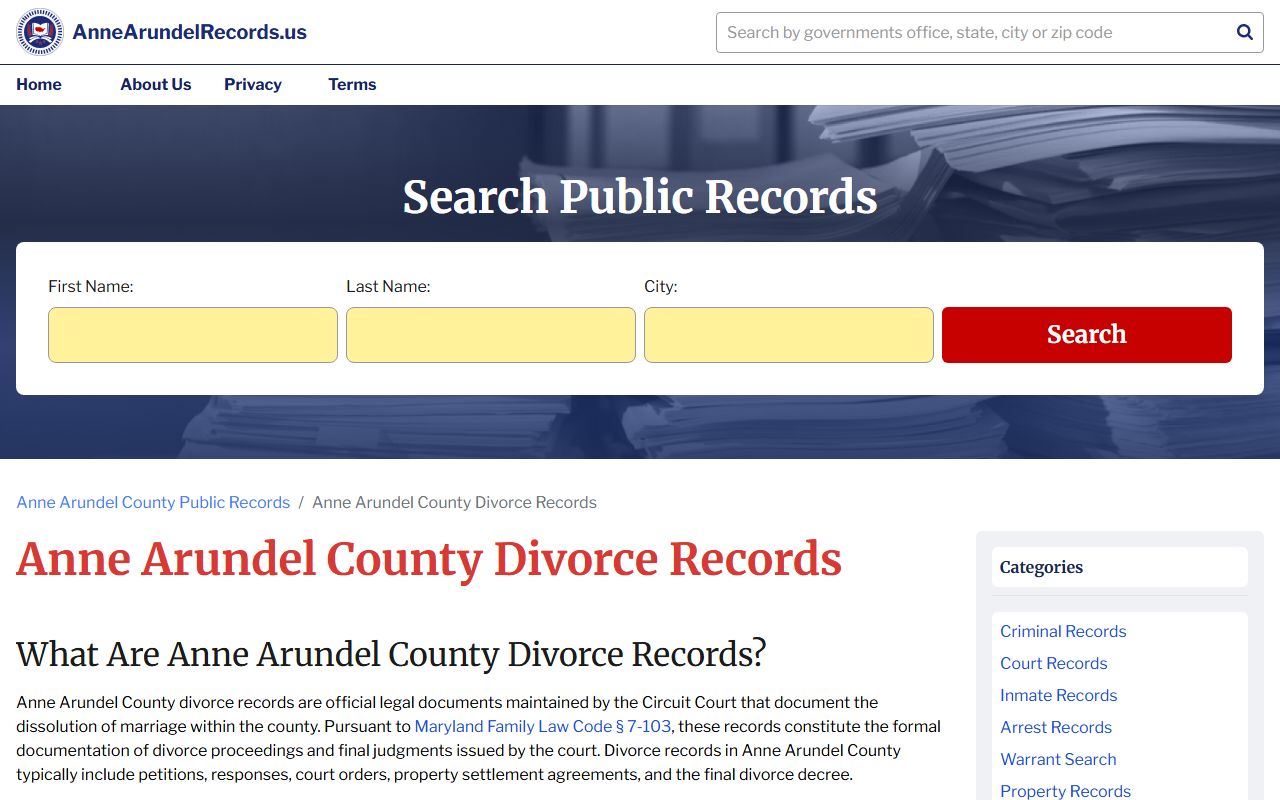 Anne Arundel County divorce records information page for dissolution of marriage