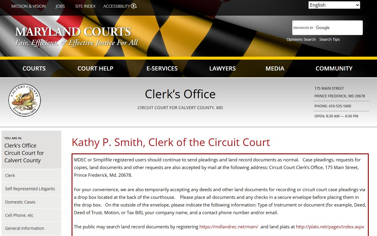 Calvert County clerk page for dissolution of marriage records