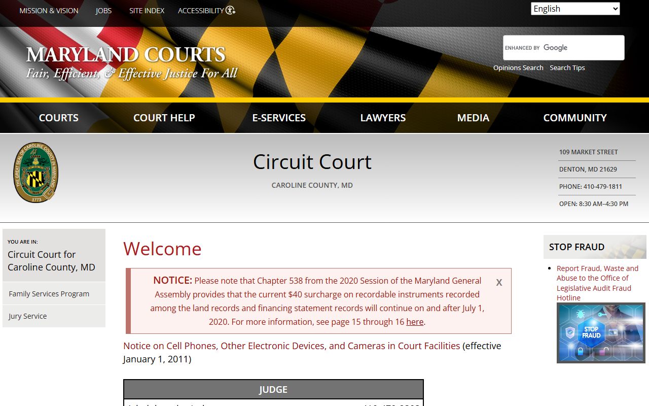 Caroline County Circuit Court index page for dissolution of marriage records