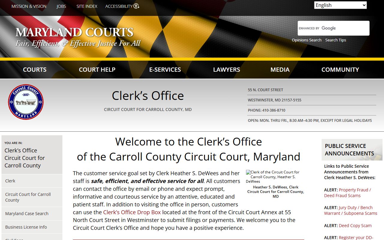 Carroll County clerk page for dissolution of marriage records in Westminster Maryland