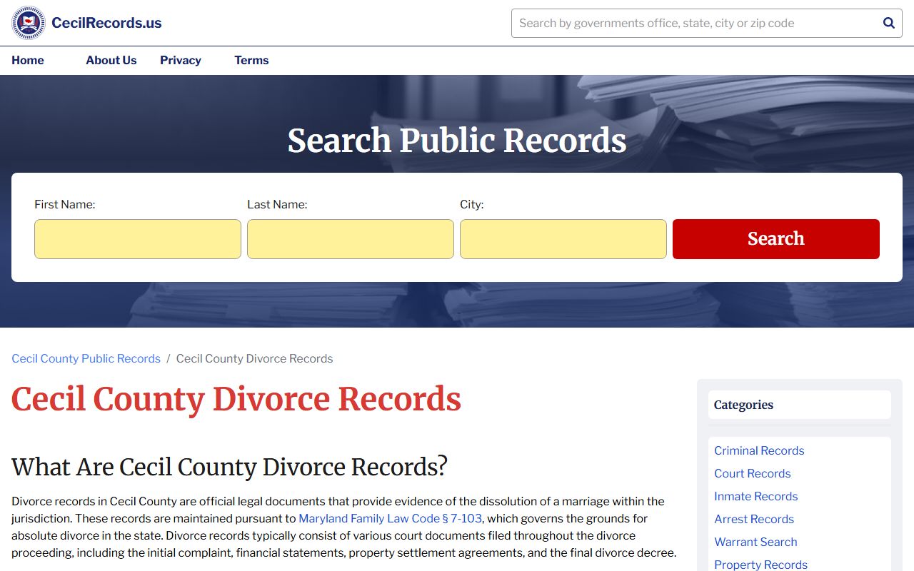 Cecil County divorce records page for dissolution of marriage in Elkton Maryland