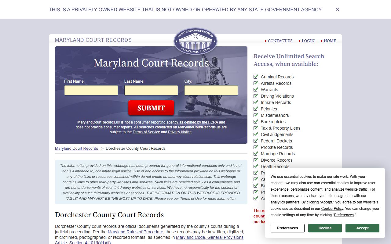 Dorchester County court records page for dissolution of marriage lookup