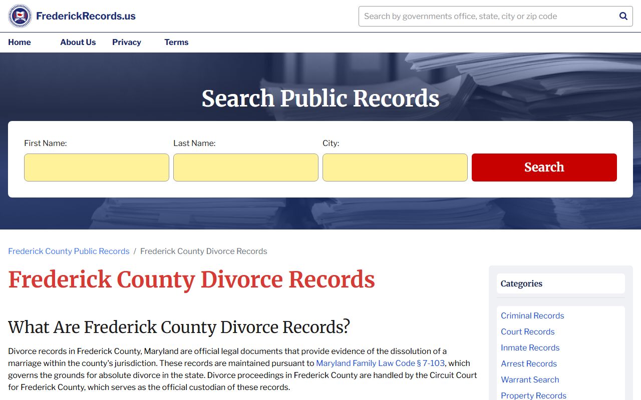 Frederick County divorce records page showing search information for dissolution of marriage