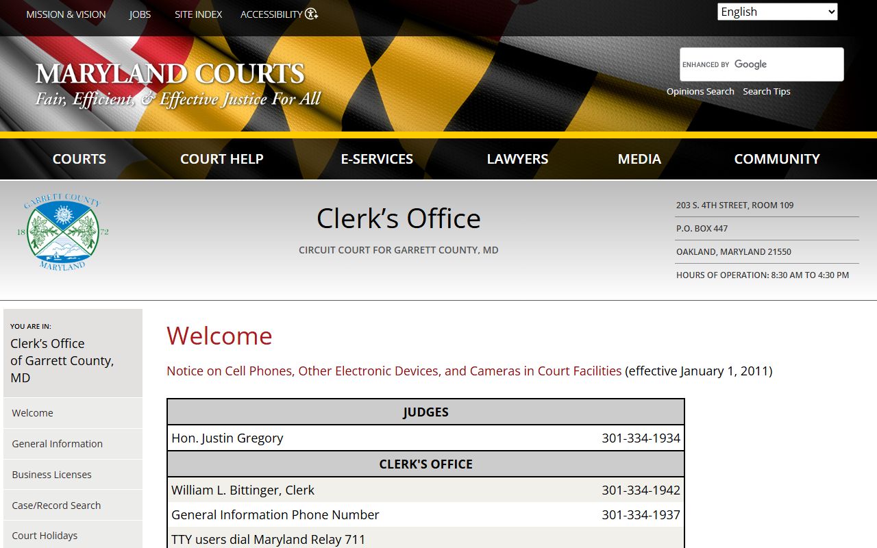 Garrett County clerk general information page for dissolution of marriage records