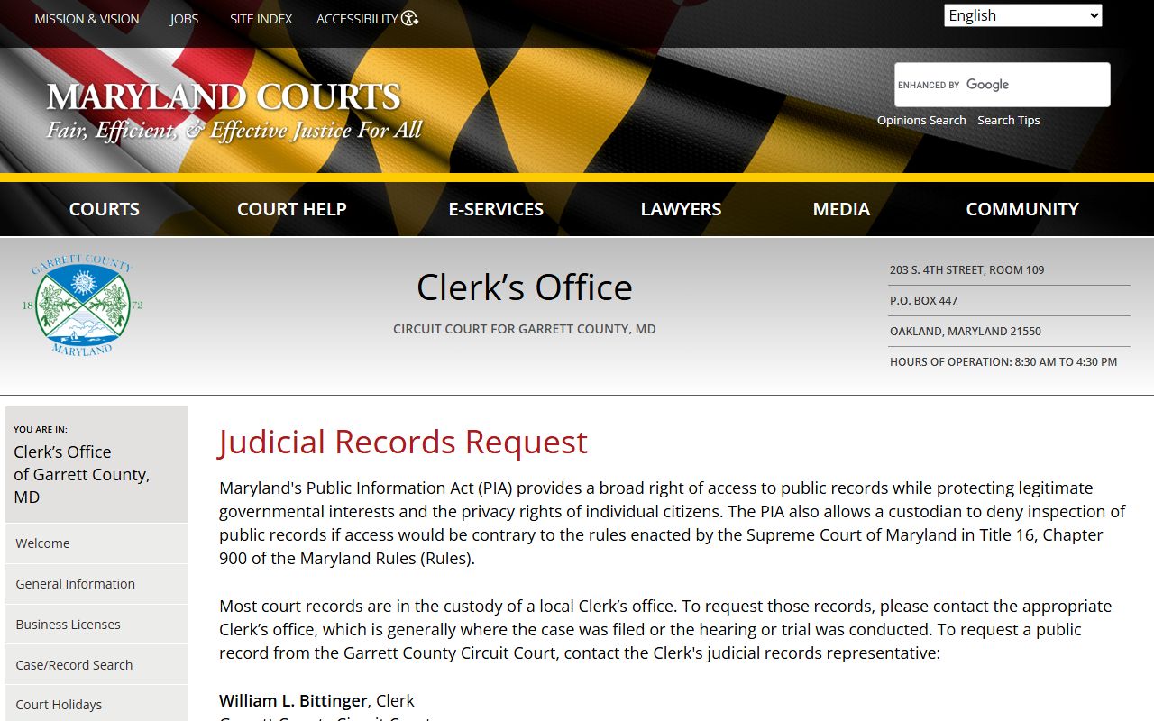 Garrett County records request page for dissolution of marriage filings