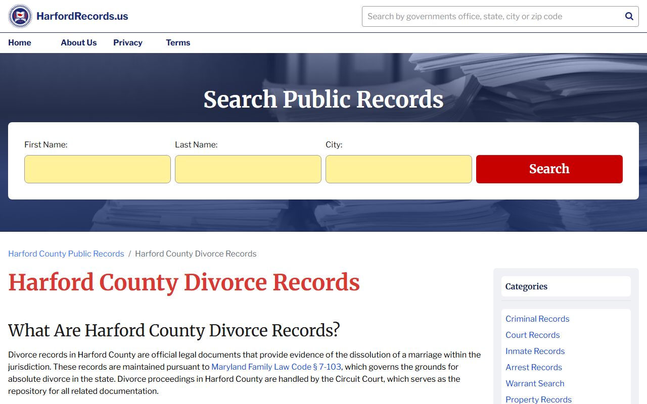 Harford County divorce records search resource page for dissolution of marriage cases