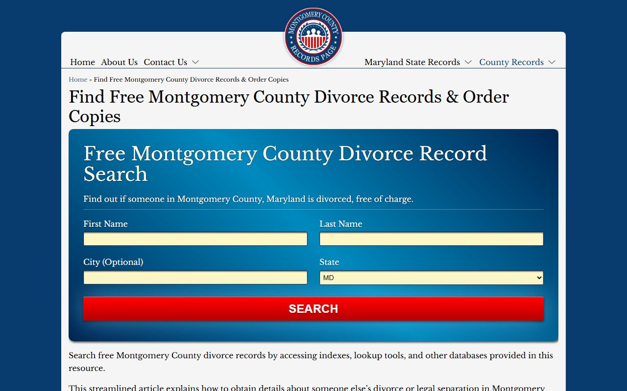 Montgomery County divorce records search resource page for dissolution of marriage cases