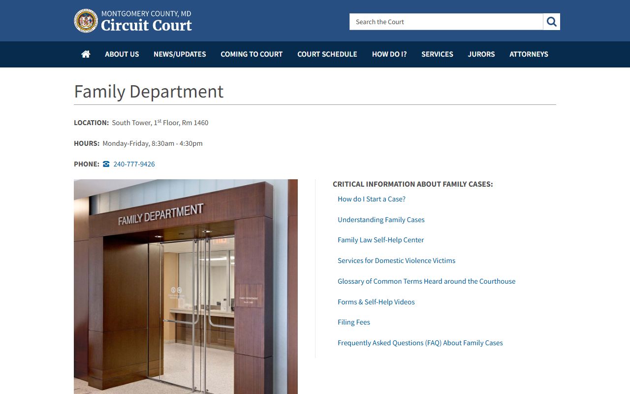 Montgomery County Circuit Court Family Department page for dissolution of marriage record requests