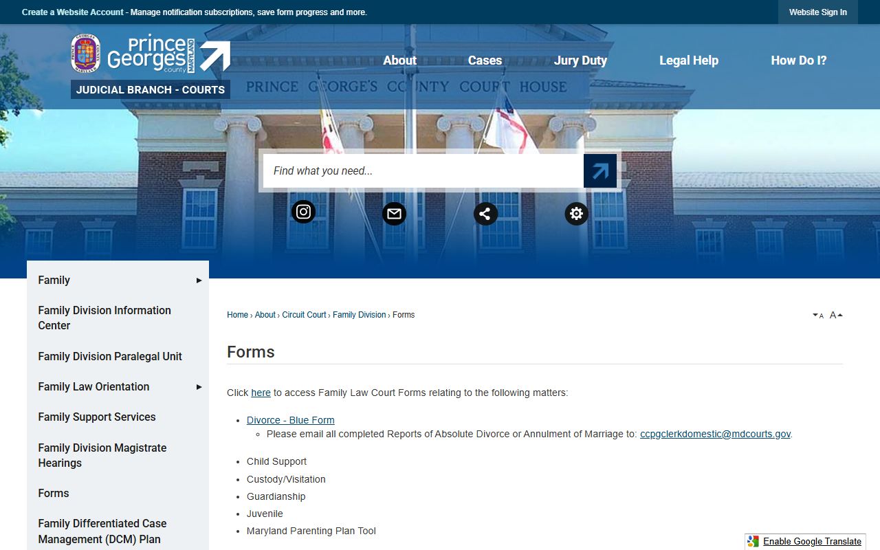 Prince George's County family division forms page for dissolution of marriage