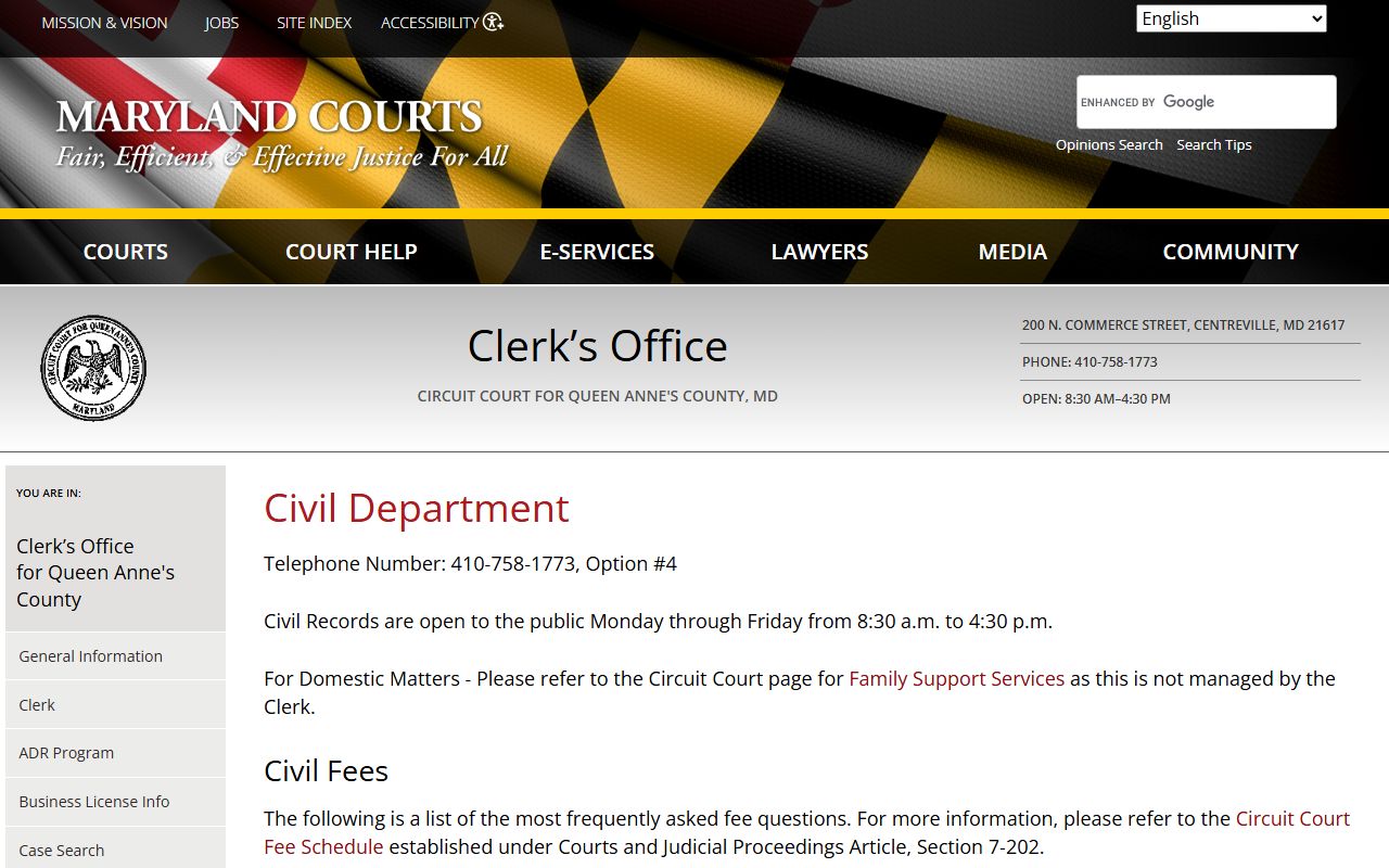 Queen Anne's County civil division page for dissolution of marriage case access