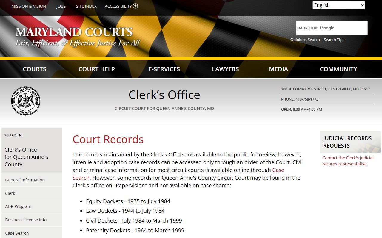 Queen Anne's County court records page for dissolution of marriage searches