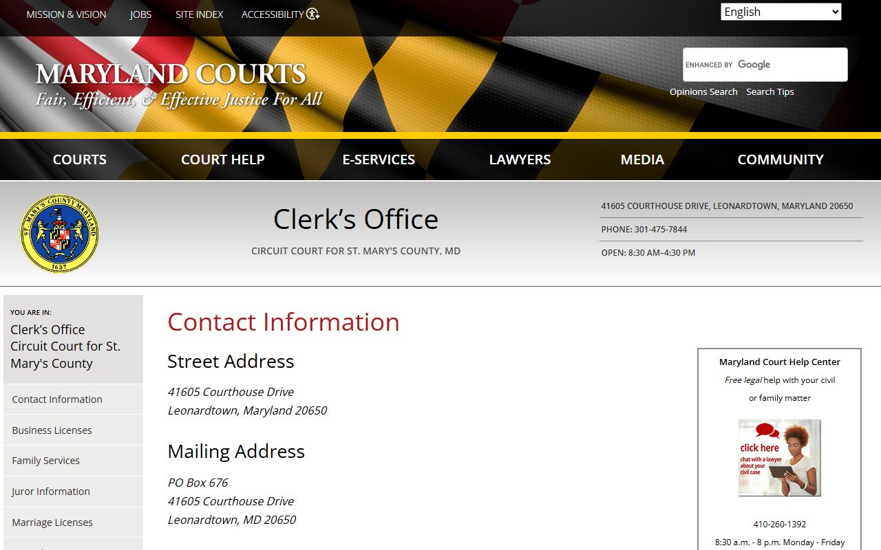 St. Mary's County Circuit Court contact page for dissolution of marriage records