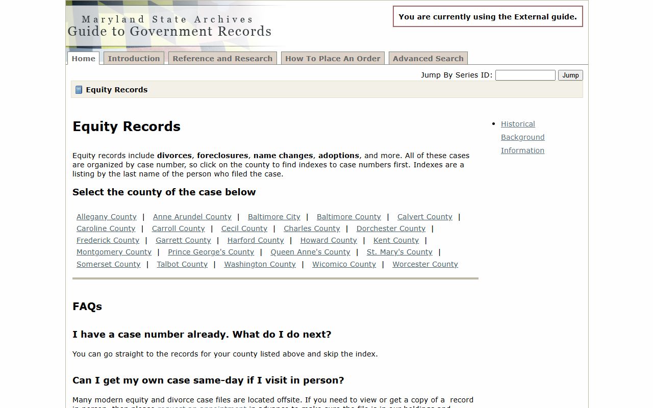 Maryland State Archives guide to dissolution of marriage records and history