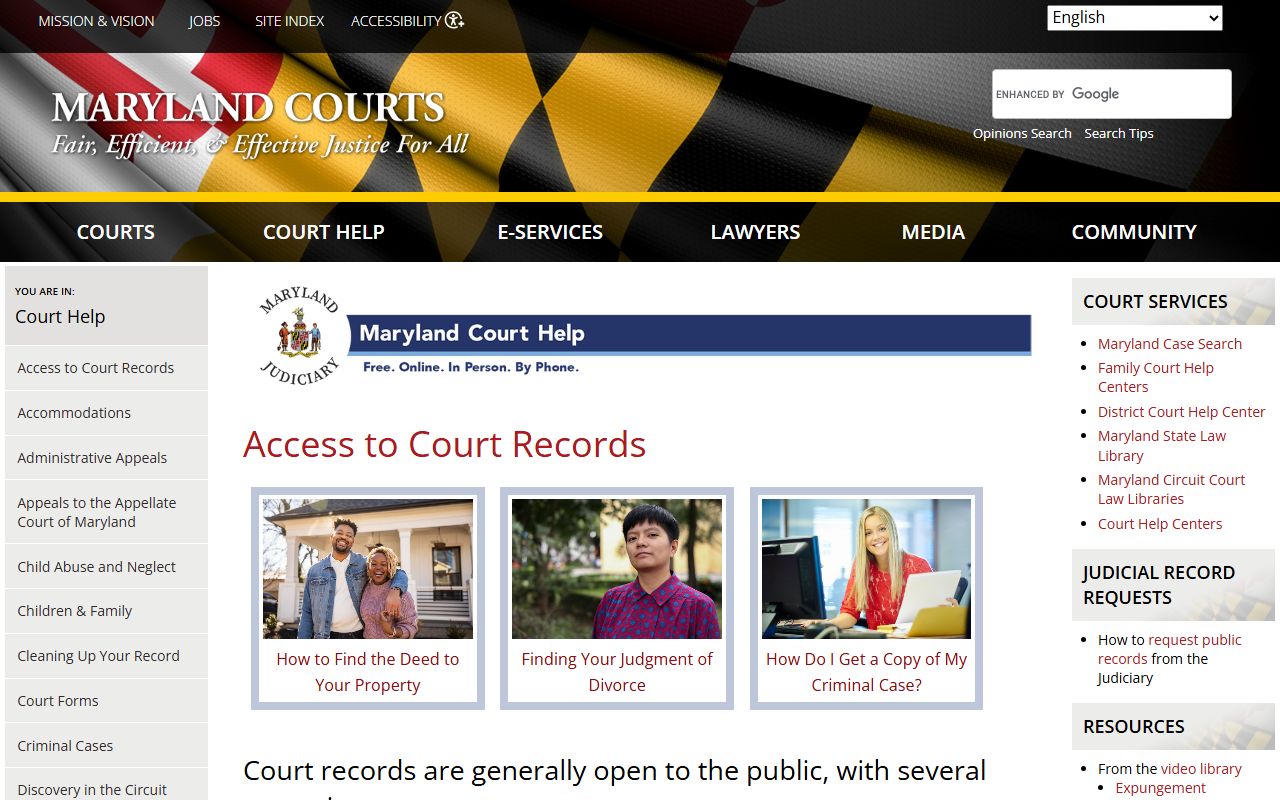 Maryland court records access information for dissolution of marriage requests
